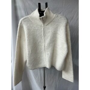 Wild Fable Womens Fuzzy Zip-Up Sweater Jacket Off-White Cropped Mock Neck Large